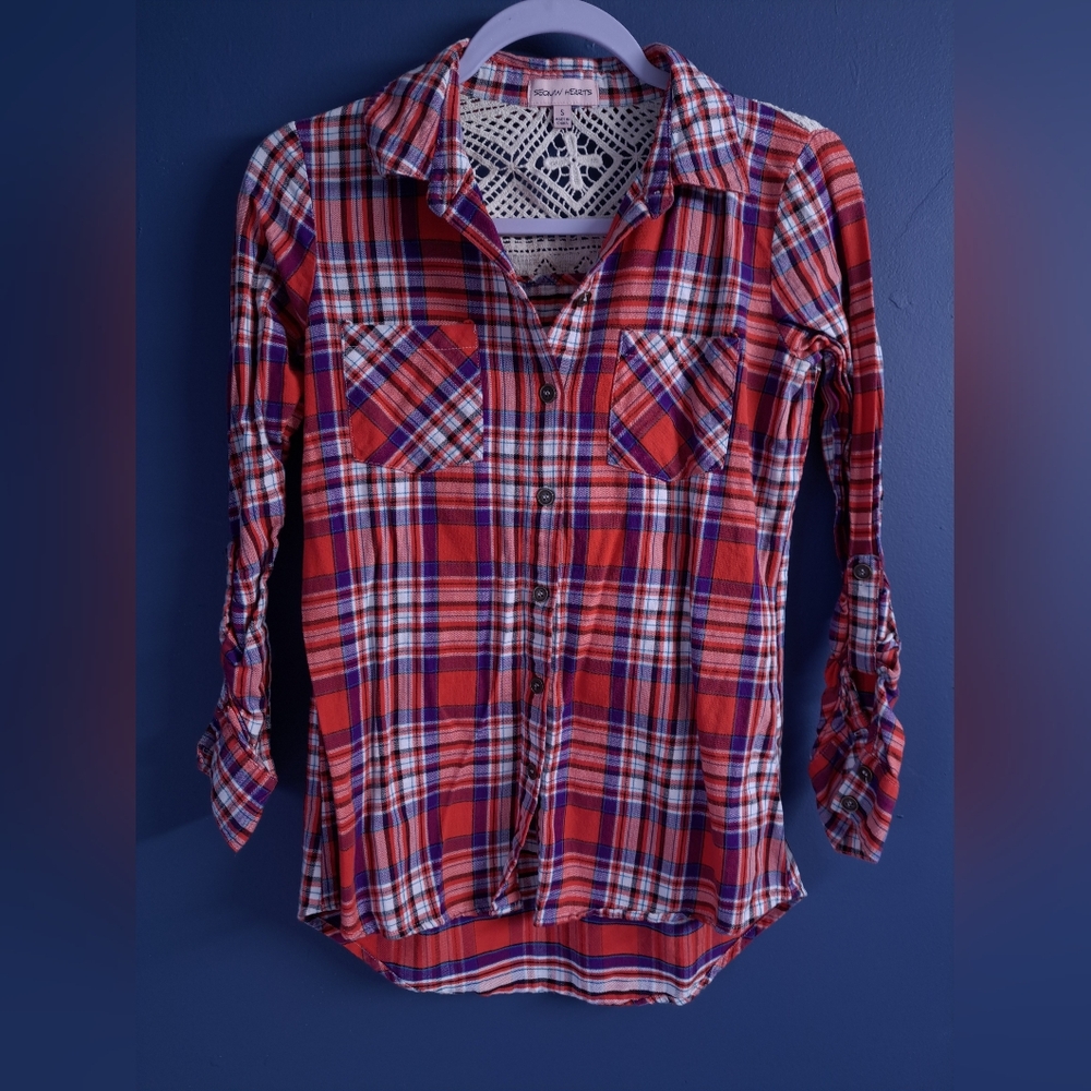 Crochet Lace Red Plaid Button-Up Shirt